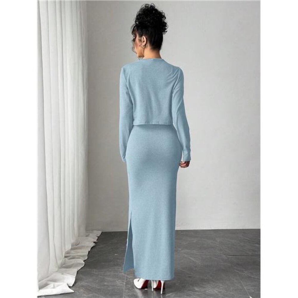 NEW - Elegant Light Blue Jacket & Dress 2 Pieces Set, Floral 3D Decor - Picture 2 of 9